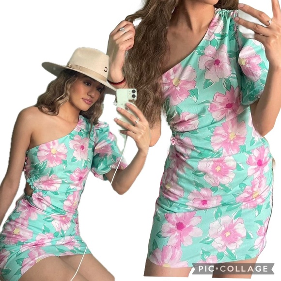 NWT GB Gianni Bini One Shoulder Floral Mini Dress Aqua Pink Side Cut Out  Size L - Picture 1 of 13